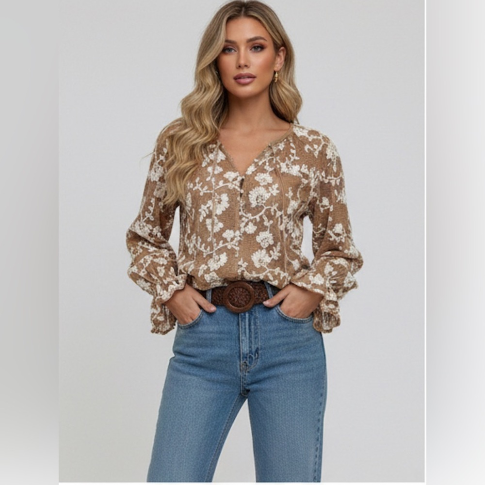 Embroidered Tie Front  Button Down Knit Top Brown